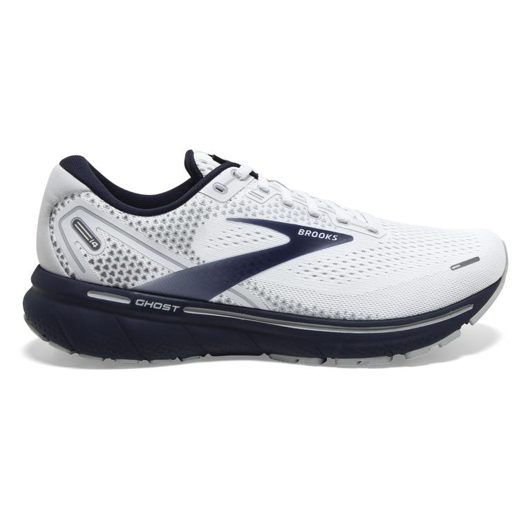 Brooks Ghost 14 Cushioned Road Running Shoes - Men's - White/Grey/Navy (39867-FVKJ)